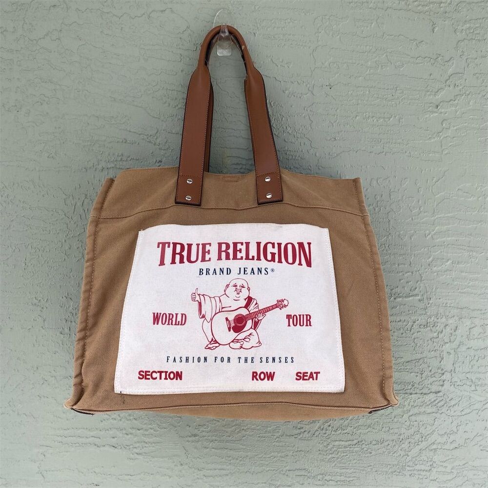 True Religion Women's Tan Canvas Tote Bag with Logo Print